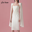 Elegant Shawl Sleeve Dress Female Solid Color Folds Sexy Tight Dress
